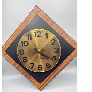Vtg Seth Thomas Midtown Wall Clock Wood Grain Gold Sunburst Dial E685-132 1973